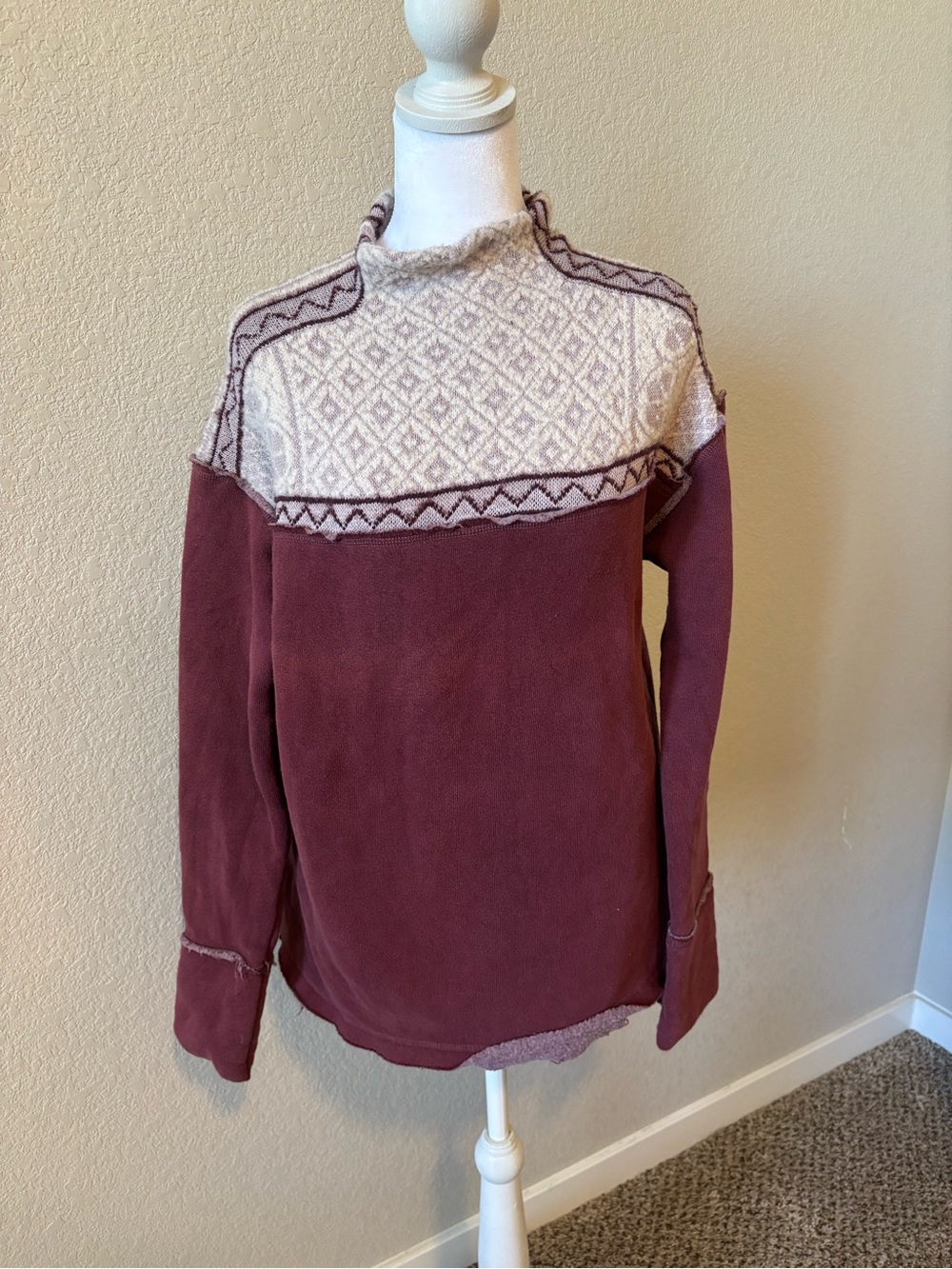 Free People Dusty Rose and Cream Fair Isle Cowl Sweater